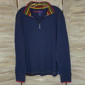 Robert Graham waffle knit sweater blue 1/4 zip multicolor stripe collar Large